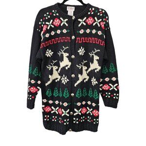PBJ  Sport Vintage Christmas Button Down Cardigan Knit Black Sweater
